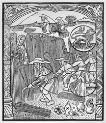augusztus, betakarítás, Oroszlán, illusztráció az „Almanach des Bergers”-ből, 1491 (xilográf)